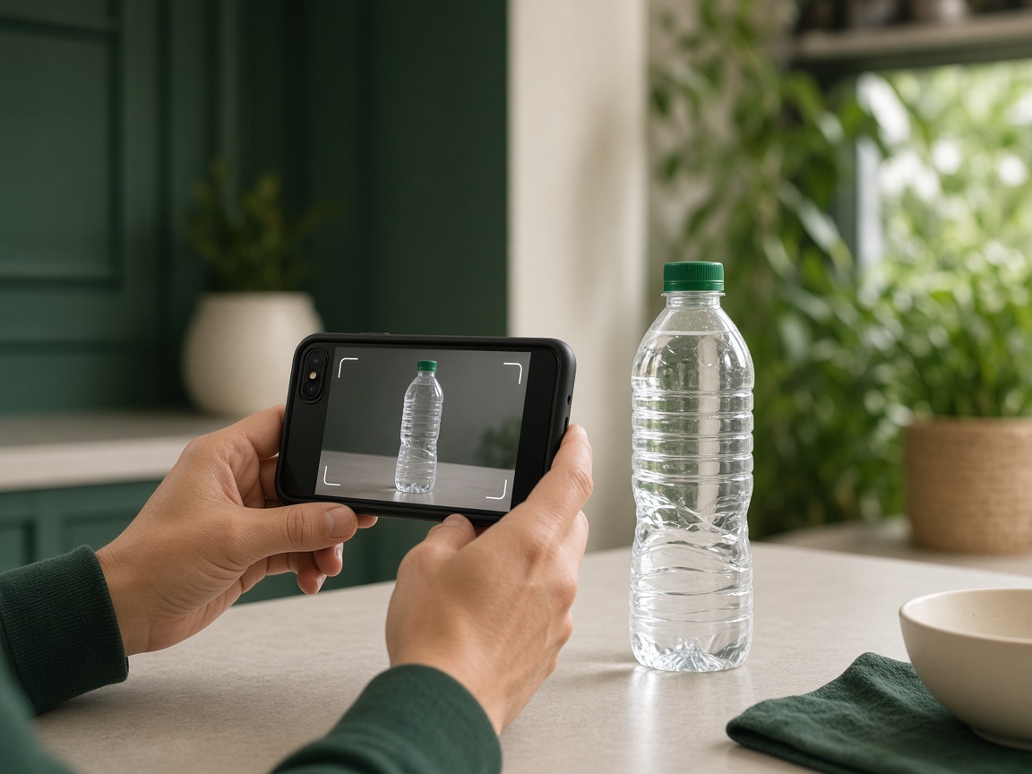 Smartphone photographing a plastic bottle for recycling identification