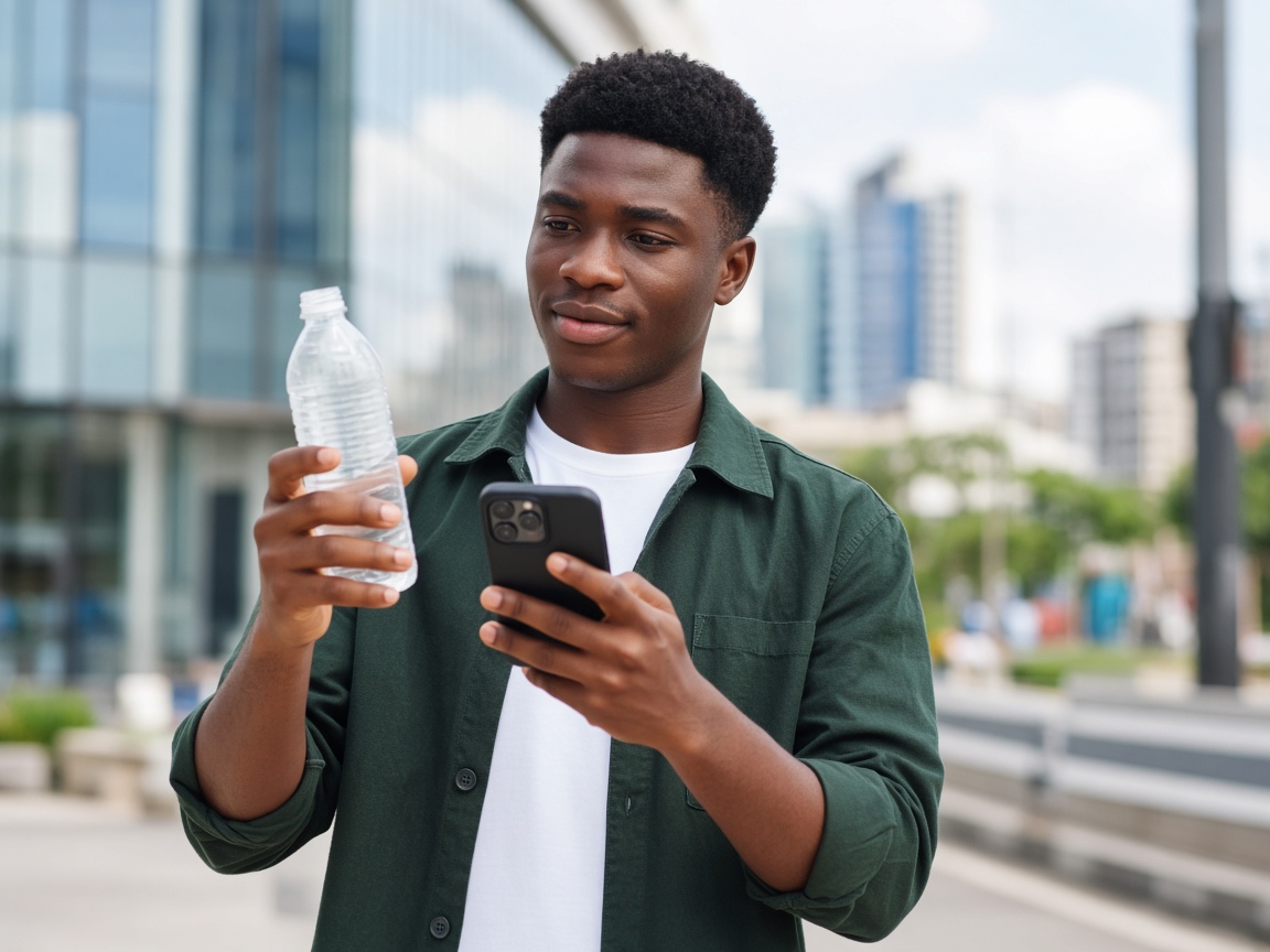 Person scanning a recyclable bottle with a smartphone